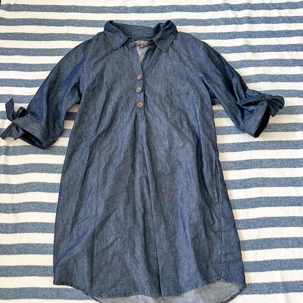 Denim Mini Shirt Dress in Dark Blue
